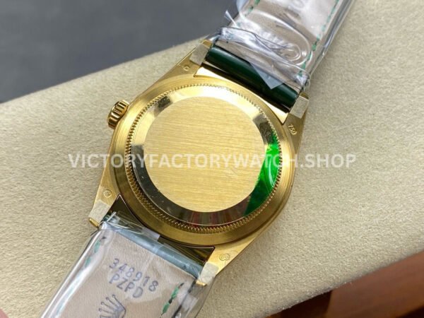 8+ Factory Counterweight Rolex Day-Date 36mm 128238-0130 Yellow Gold Crocodile Leather Strap Baguette Diamond Green Dial