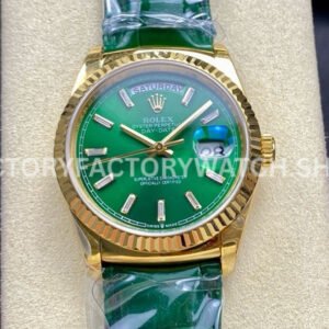 8+ Factory Counterweight Rolex Day-Date 36mm 128238-0130 Yellow Gold Crocodile Leather Strap Baguette Diamond Green Dial