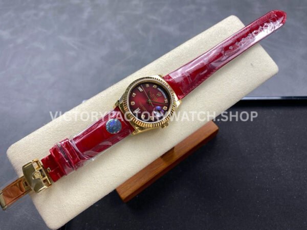 8+ Factory Counterweight Rolex Day-Date 36mm 128238 Yellow Gold Crocodile Leather Strap Diamond Mope Baguette Diamond Red Ombré Dial
