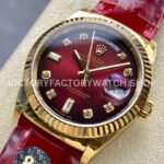 8+ Factory Counterweight Rolex Day-Date 36mm 128238 Yellow Gold Crocodile Leather Strap Diamond Mope Baguette Diamond Red Ombré Dial