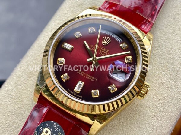 8+ Factory Counterweight Rolex Day-Date 36mm 128238 Yellow Gold Crocodile Leather Strap Diamond Mope Baguette Diamond Red Ombré Dial