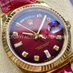 8+ Factory Counterweight Rolex Day-Date 36mm 128238 Yellow Gold Crocodile Leather Strap Diamond Mope Baguette Diamond Red Ombré Dial