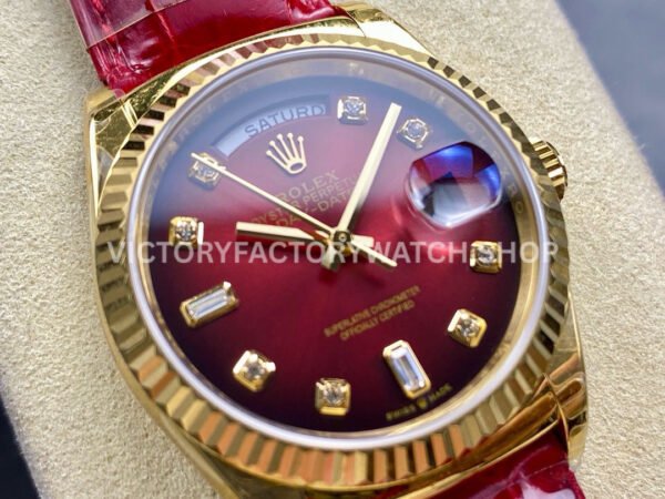 8+ Factory Counterweight Rolex Day-Date 36mm 128238 Yellow Gold Crocodile Leather Strap Diamond Mope Baguette Diamond Red Ombré Dial