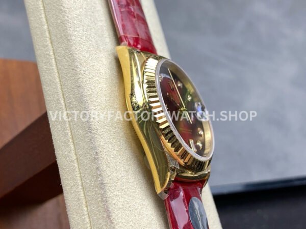 8+ Factory Counterweight Rolex Day-Date 36mm 128238 Yellow Gold Crocodile Leather Strap Diamond Mope Baguette Diamond Red Ombré Dial