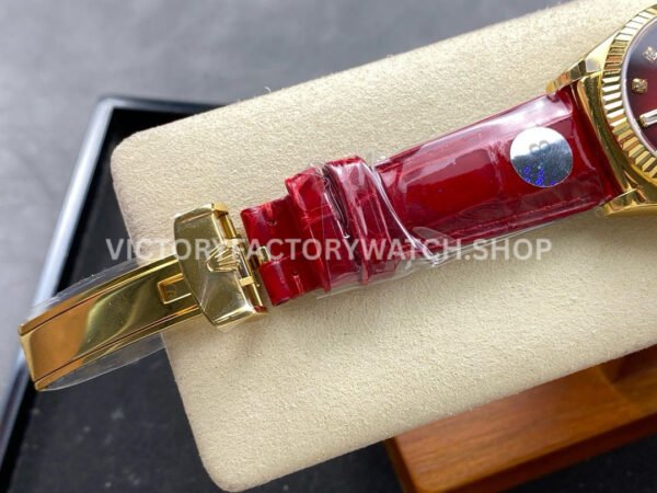 8+ Factory Counterweight Rolex Day-Date 36mm 128238 Yellow Gold Crocodile Leather Strap Diamond Mope Baguette Diamond Red Ombré Dial