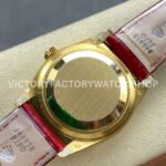 8+ Factory Counterweight Rolex Day-Date 36mm 128238 Yellow Gold Crocodile Leather Strap Diamond Mope Baguette Diamond Red Ombré Dial