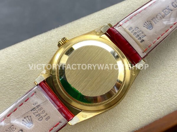 8+ Factory Counterweight Rolex Day-Date 36mm 128238 Yellow Gold Crocodile Leather Strap Diamond Mope Baguette Diamond Red Ombré Dial