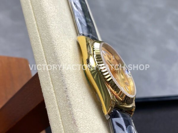 8+ Factory Counterweight Rolex Day-Date 36mm 128238 Yellow Gold Crocodile Leather Strap Baguette Diamond Champagne Dial