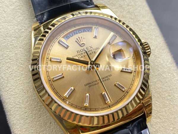 8+ Factory Counterweight Rolex Day-Date 36mm 128238 Yellow Gold Crocodile Leather Strap Baguette Diamond Champagne Dial