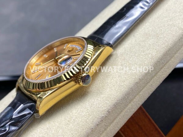 8+ Factory Counterweight Rolex Day-Date 36mm 128238 Yellow Gold Crocodile Leather Strap Baguette Diamond Champagne Dial