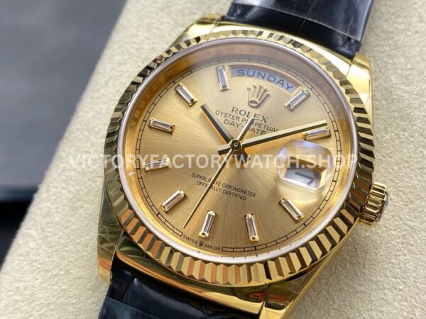 8+ Factory Counterweight Rolex Day-Date 36mm 128238 Yellow Gold Crocodile Leather Strap Baguette Diamond Champagne Dial