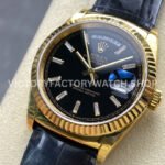 8+ Factory Counterweight Rolex Day-Date 36mm 128238 Yellow Gold Crocodile Leather Strap Baguette Diamond Black Dial