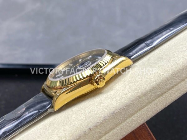 8+ Factory Counterweight Rolex Day-Date 36mm 128238 Yellow Gold Crocodile Leather Strap Baguette Diamond Black Dial