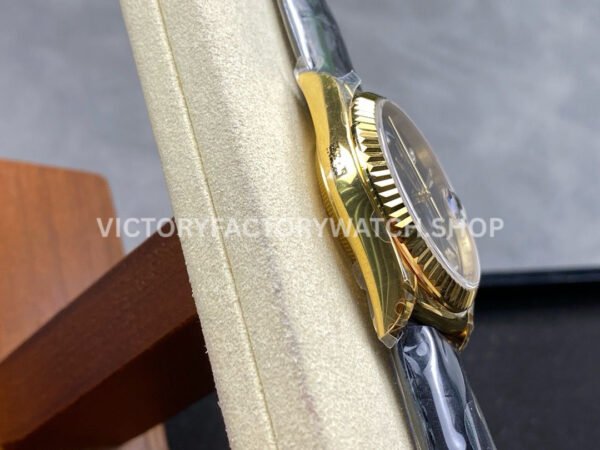 8+ Factory Counterweight Rolex Day-Date 36mm 128238 Yellow Gold Crocodile Leather Strap Baguette Diamond Black Dial