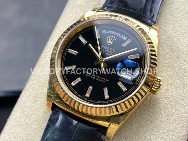 8+ Factory Counterweight Rolex Day-Date 36mm 128238 Yellow Gold Crocodile Leather Strap Baguette Diamond Black Dial