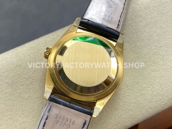 8+ Factory Counterweight Rolex Day-Date 36mm 128238 Yellow Gold Crocodile Leather Strap Baguette Diamond Black Dial