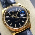 8+ Factory Counterweight Rolex Day-Date 36mm 128238 Yellow Gold Crocodile Leather Strap Baguette Diamond Black Dial