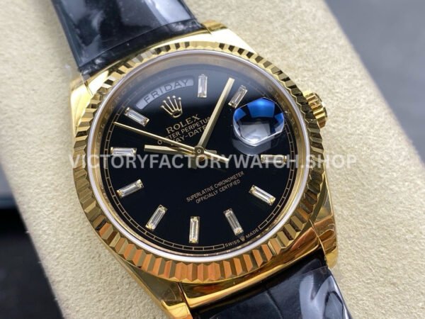 8+ Factory Counterweight Rolex Day-Date 36mm 128238 Yellow Gold Crocodile Leather Strap Baguette Diamond Black Dial