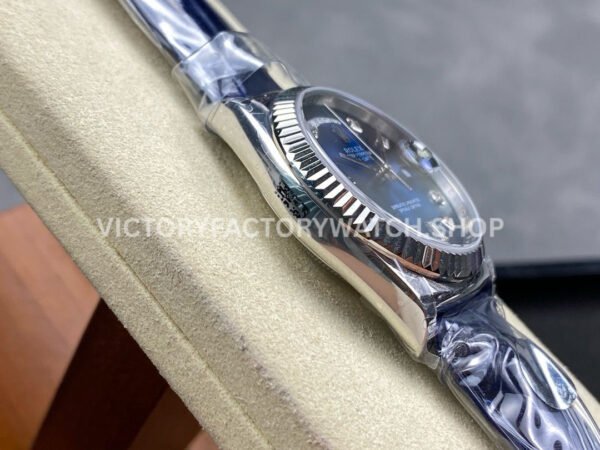 8+ Factory Counterweight Rolex Day-Date 36mm 128239-0023 White Gold Crocodile Leather Strap Diamond Mope Baguette Diamond Blue Ombré Dial