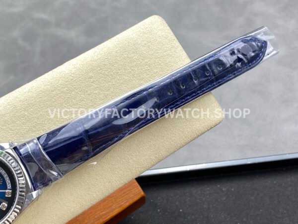 8+ Factory Counterweight Rolex Day-Date 36mm 128239-0023 White Gold Crocodile Leather Strap Diamond Mope Baguette Diamond Blue Ombré Dial