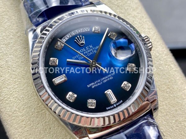 8+ Factory Counterweight Rolex Day-Date 36mm 128239-0023 White Gold Crocodile Leather Strap Diamond Mope Baguette Diamond Blue Ombré Dial