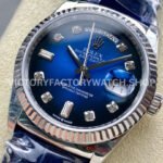 8+ Factory Counterweight Rolex Day-Date 36mm 128239-0023 White Gold Crocodile Leather Strap Diamond Mope Baguette Diamond Blue Ombré Dial