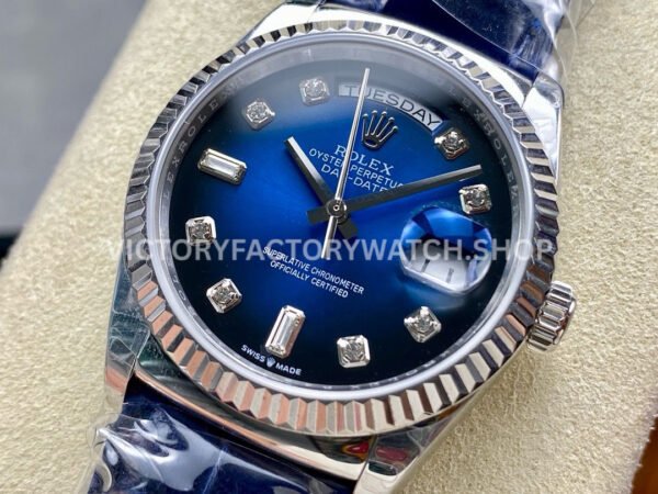 8+ Factory Counterweight Rolex Day-Date 36mm 128239-0023 White Gold Crocodile Leather Strap Diamond Mope Baguette Diamond Blue Ombré Dial