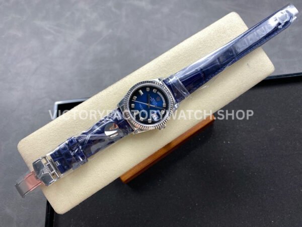 8+ Factory Counterweight Rolex Day-Date 36mm 128239-0023 White Gold Crocodile Leather Strap Diamond Mope Baguette Diamond Blue Ombré Dial