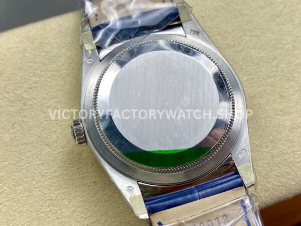 8+ Factory Counterweight Rolex Day-Date 36mm 128239-0023 White Gold Crocodile Leather Strap Diamond Mope Baguette Diamond Blue Ombré Dial