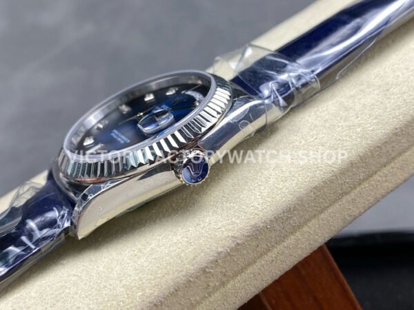 8+ Factory Counterweight Rolex Day-Date 36mm 128239-0023 White Gold Crocodile Leather Strap Diamond Mope Baguette Diamond Blue Ombré Dial