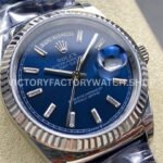 8+ Factory Counterweight Rolex Day-Date 36mm 128239-0069 White Gold Crocodile Leather Strap Baguette Diamond Blue Dial