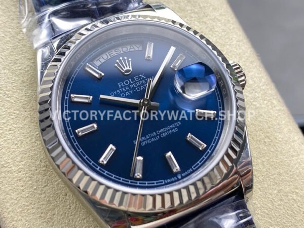8+ Factory Counterweight Rolex Day-Date 36mm 128239-0069 White Gold Crocodile Leather Strap Baguette Diamond Blue Dial