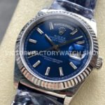 8+ Factory Counterweight Rolex Day-Date 36mm 128239-0069 White Gold Crocodile Leather Strap Baguette Diamond Blue Dial