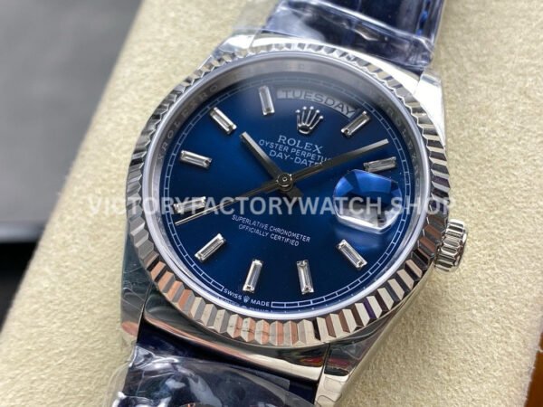 8+ Factory Counterweight Rolex Day-Date 36mm 128239-0069 White Gold Crocodile Leather Strap Baguette Diamond Blue Dial