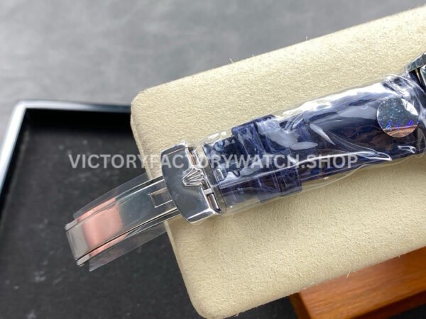 8+ Factory Counterweight Rolex Day-Date 36mm 128239-0069 White Gold Crocodile Leather Strap Baguette Diamond Blue Dial