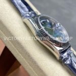8+ Factory Counterweight Rolex Day-Date 36mm 128239-0069 White Gold Crocodile Leather Strap Baguette Diamond Blue Dial