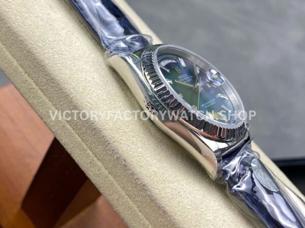 8+ Factory Counterweight Rolex Day-Date 36mm 128239-0069 White Gold Crocodile Leather Strap Baguette Diamond Blue Dial