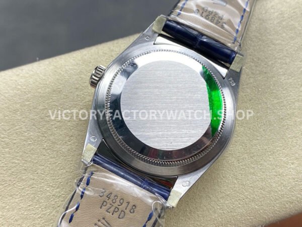 8+ Factory Counterweight Rolex Day-Date 36mm 128239-0069 White Gold Crocodile Leather Strap Baguette Diamond Blue Dial
