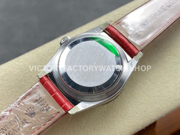 8+ Factory Counterweight Rolex Day-Date 36mm 128239-0071 White Gold Crocodile Leather Strap Baguette Diamond Pink Dial
