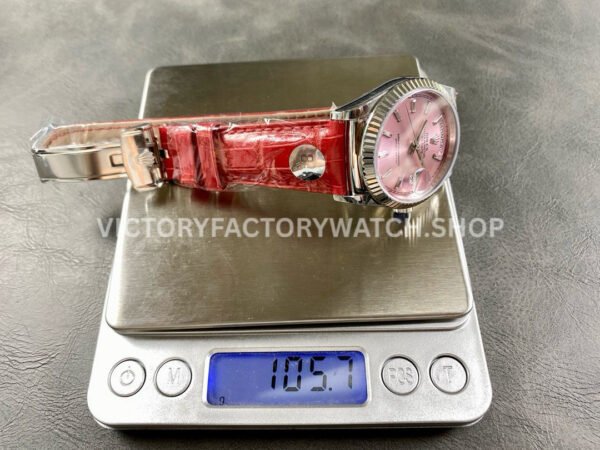 8+ Factory Counterweight Rolex Day-Date 36mm 128239-0071 White Gold Crocodile Leather Strap Baguette Diamond Pink Dial