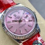 8+ Factory Counterweight Rolex Day-Date 36mm 128239-0071 White Gold Crocodile Leather Strap Baguette Diamond Pink Dial