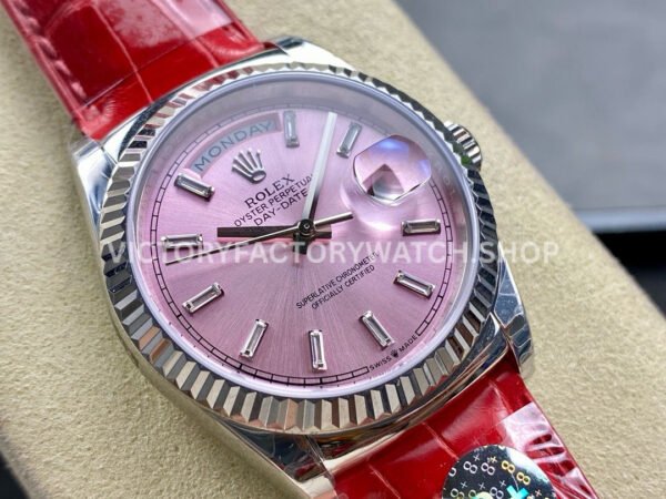 8+ Factory Counterweight Rolex Day-Date 36mm 128239-0071 White Gold Crocodile Leather Strap Baguette Diamond Pink Dial