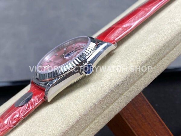 8+ Factory Counterweight Rolex Day-Date 36mm 128239-0071 White Gold Crocodile Leather Strap Baguette Diamond Pink Dial