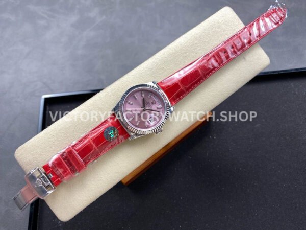 8+ Factory Counterweight Rolex Day-Date 36mm 128239-0071 White Gold Crocodile Leather Strap Baguette Diamond Pink Dial