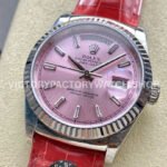 8+ Factory Counterweight Rolex Day-Date 36mm 128239-0071 White Gold Crocodile Leather Strap Baguette Diamond Pink Dial