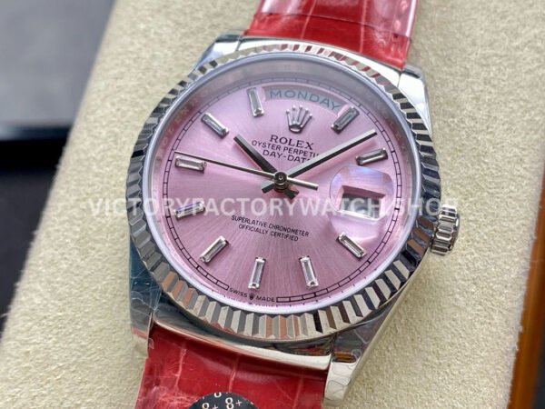 8+ Factory Counterweight Rolex Day-Date 36mm 128239-0071 White Gold Crocodile Leather Strap Baguette Diamond Pink Dial