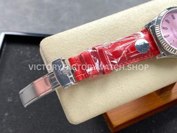 8+ Factory Counterweight Rolex Day-Date 36mm 128239-0071 White Gold Crocodile Leather Strap Baguette Diamond Pink Dial