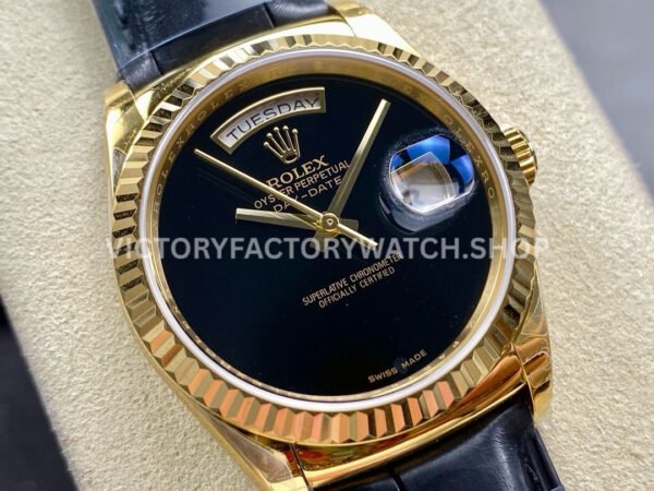 8+ Factory Counterweight Rolex Day-Date 36mm 18038 Yellow Gold Crocodile Leather Strap Black Dial (2) 8+ Factory Counterweight Rolex Day-Date 36mm 18038 Yellow Gold Crocodile Leather Strap Black Dial