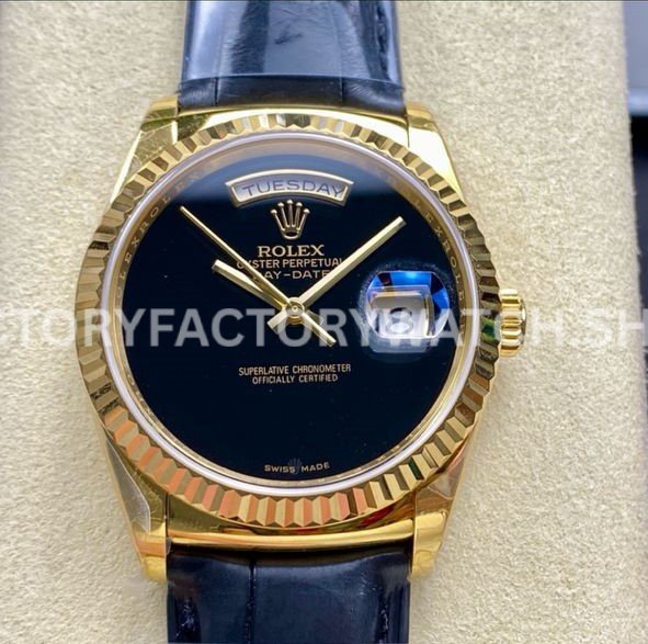 8+ Factory Counterweight Rolex Day-Date 36mm 18038 Yellow Gold Crocodile Leather Strap Black Dial (3) Rolex Day Date 18038 classic black dial gold 36mm replica