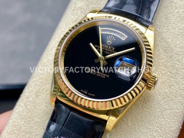 8+ Factory Counterweight Rolex Day-Date 36mm 18038 Yellow Gold Crocodile Leather Strap Black Dial (7) 8+ Factory Counterweight Rolex Day-Date 36mm 18038 Yellow Gold Crocodile Leather Strap Black Dial